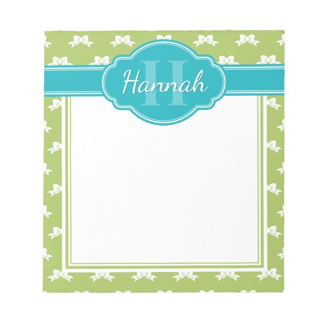 Green White Bow Pattern Teal Monogram Notepad (Front)