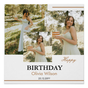 Green White Brown Photo Collage Birthday Poster