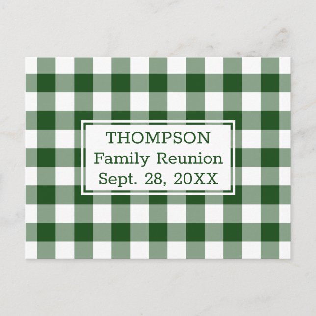 Green White Buffalo Check Family Reunion Party Invitation Postcard (Front)