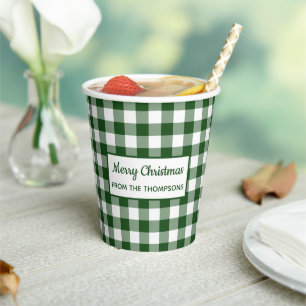 Green White Buffalo Check Name Christmas Party Paper Cups
