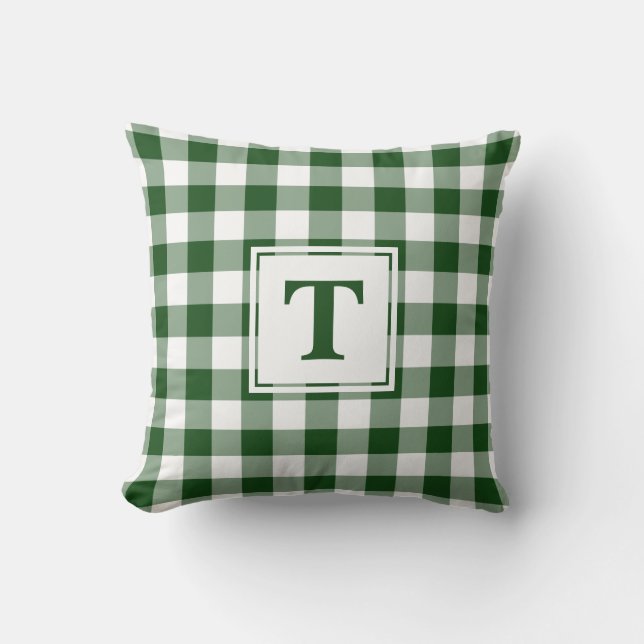 Green White Buffalo Check Pattern Custom Monogram Cushion (Front)