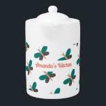 Green White Butterfly Dragonfly Pattern Elegant<br><div class="desc">Green White Elegant Butterfly Dragonfly pattern teapot. Use personalise this template option to change text. Use Edit tool to change text colour.</div>