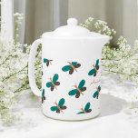 Green White Butterfly Dragonfly Pattern Elegant<br><div class="desc">Green White Elegant Butterfly Dragonfly pattern teapot. Use personalise this template option to change text. Use Edit tool to change text colour.</div>