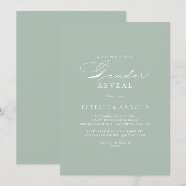 Green White Calligraphy Gender Reveal Party   Invitation (Front/Back)
