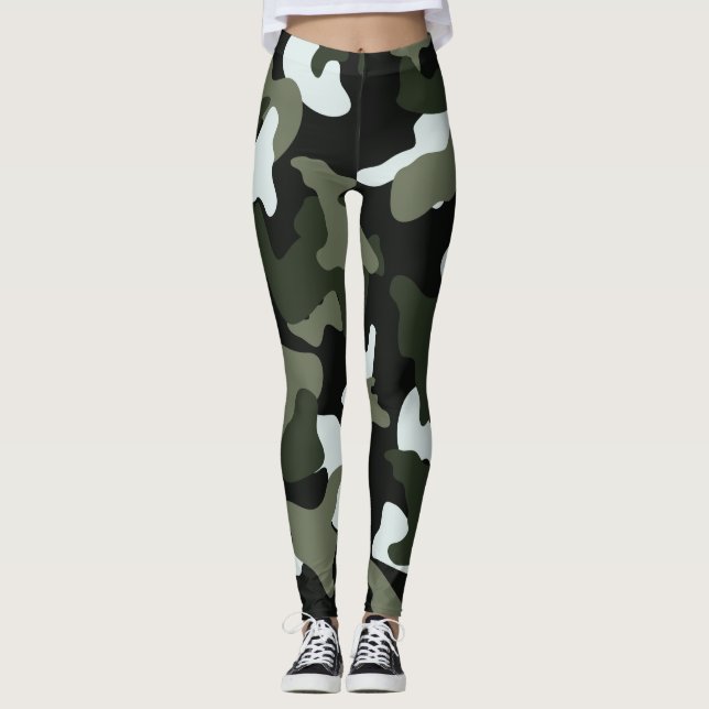 Green White camo camouflage army pattern Leggings (Front)