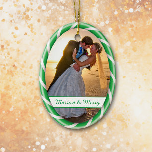 Green White Candy Cane Frame Photo Template Ceramic Ornament