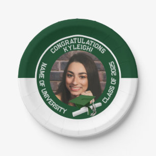 Green & White Cap & Diploma Photo Graduation Paper Plate