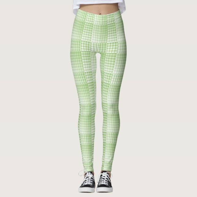 Green White Checker Abstract Pattern Leggings (Front)