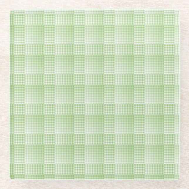 Green White Chequered Abstract Pattern Glass Coaster (Front)