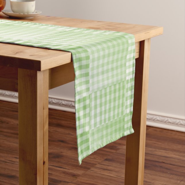 Green White Chequered Abstract Pattern Medium Table Runner (In Situ)