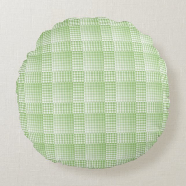 Green White Chequered Abstract Pattern Round Cushion (Front)