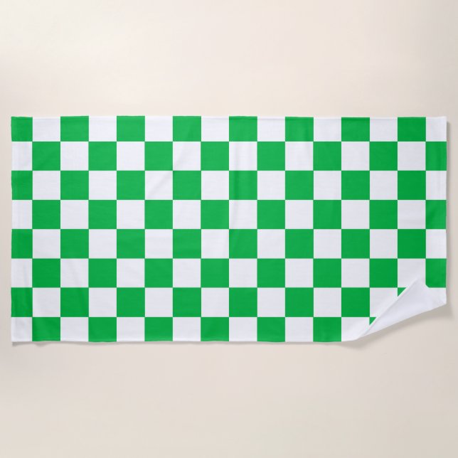 Green White Chequered Check Pattern Beach Towel (Front)