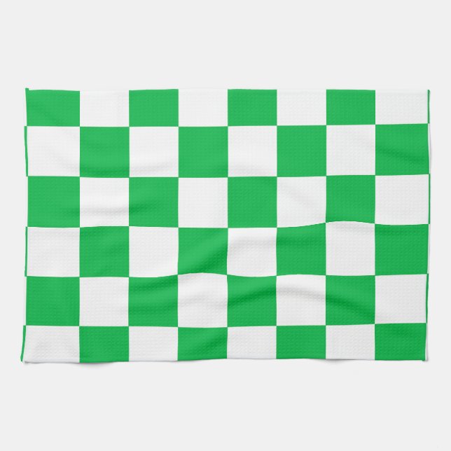 Green White Chequered Check Pattern Tea Towel (Horizontal)