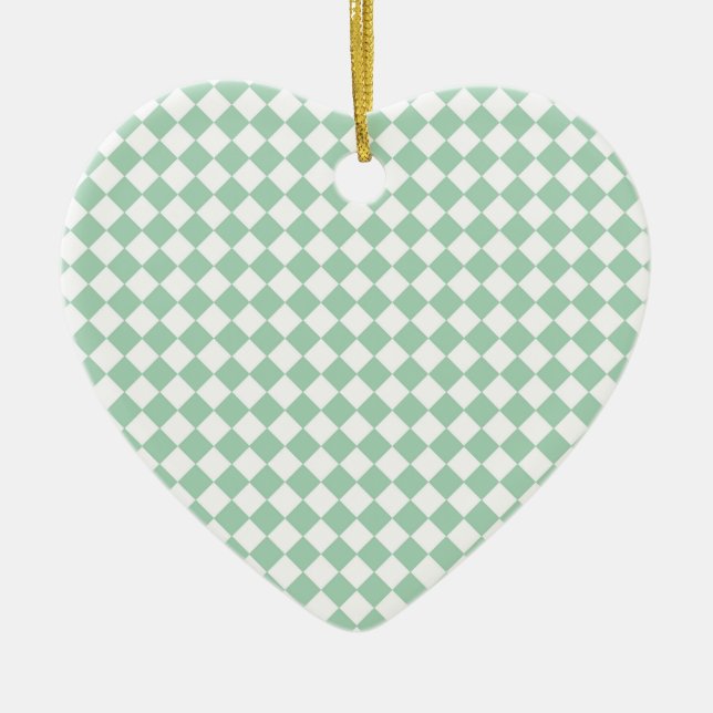 Green White Chequered Diamond Pattern Ceramic Ornament (Front)
