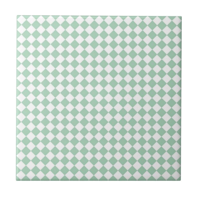Green White Chequered Diamond Pattern Ceramic Tile (Front)