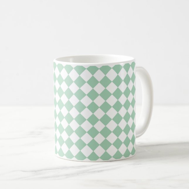 Green White Chequered Diamond Pattern Coffee Mug (Front Right)