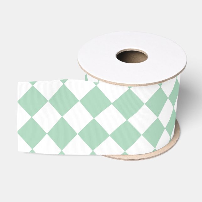 Green White Chequered Diamond Pattern Grosgrain Ribbon (Spool)