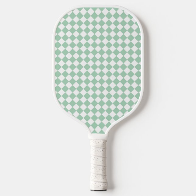 Green White Chequered Diamond Pattern Pickleball Paddle (Front)