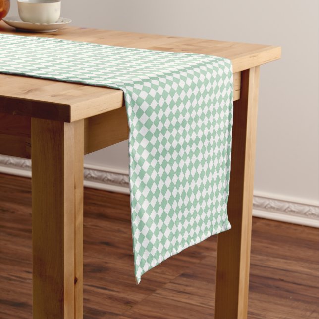 Green White Chequered Diamond Pattern Short Table Runner (In Situ)