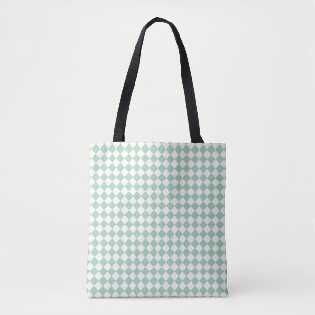 Green White Chequered Diamond Pattern Shoulder Tote Bag (Front)