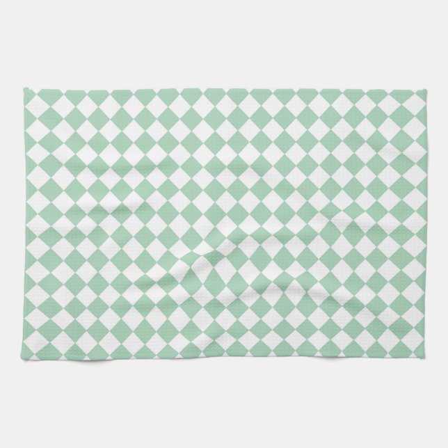 Green White Chequered Diamond Pattern  Tea Towel (Horizontal)