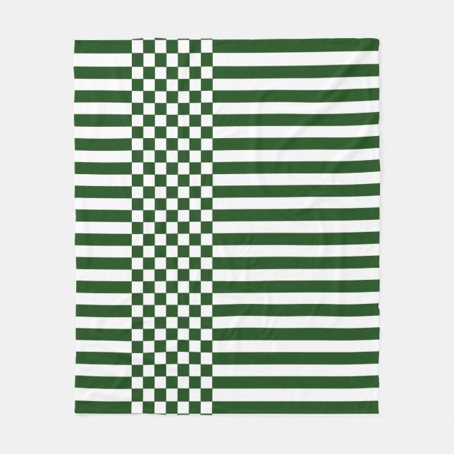 Green & White Chequered & Stripes Repeat Pattern Fleece Blanket (Front)