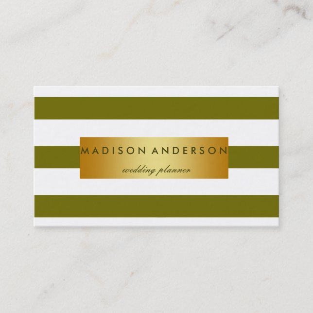 Green & White Chic Stripes in Gold Business Card (Front)