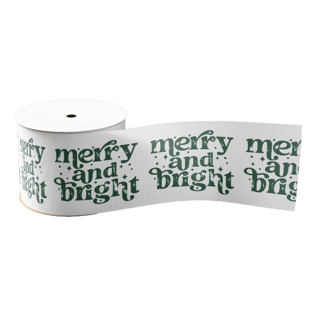 Green & White Christmas Merry & Bright Holiday Grosgrain Ribbon (Spool)