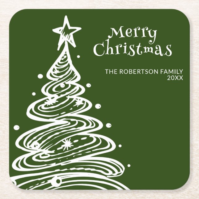Green White Christmas Tree Party Square Paper Coaster (Front)