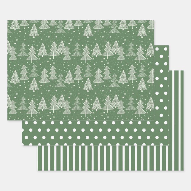 Green White Christmas Trees Polka Dots Stripe Wrapping Paper Sheet (Set)