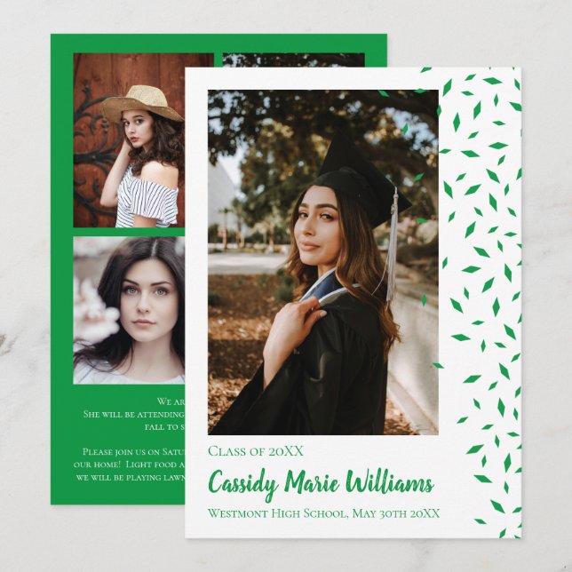 Green White Confetti Graduation Announcement (Front/Back)
