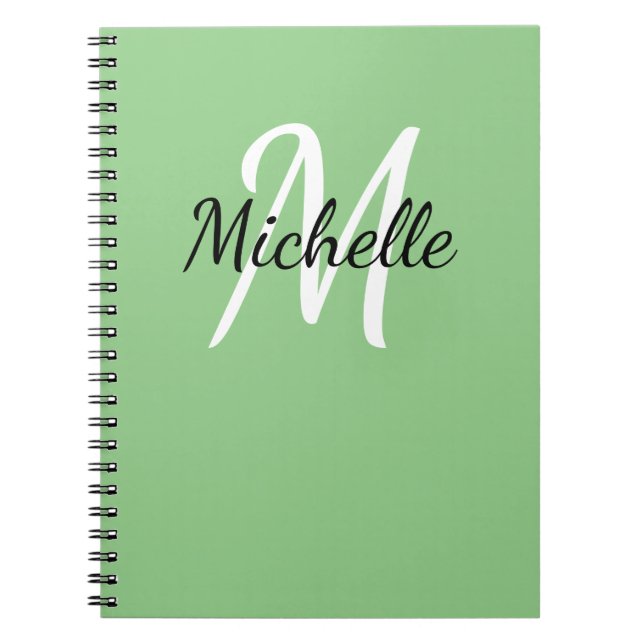 Green & White Custom Monogram Cute Notebook (Front)