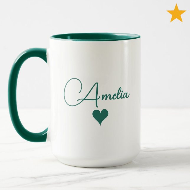 Green White Custom Name Cursive Typography Heart Mug (Creator Uploaded)