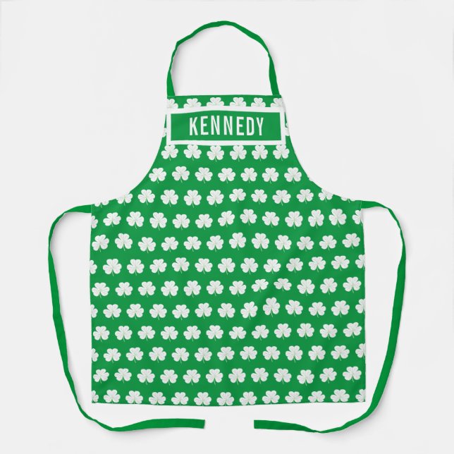 Green White Custom Name Shamrock Clover Pattern Apron (Front)