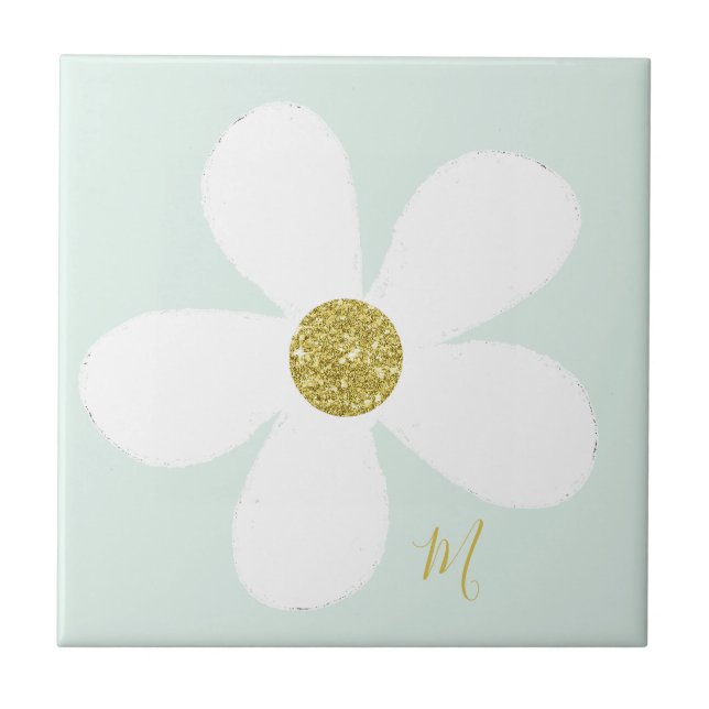 Green White  Daisy Simple Floral Gold Personal Ceramic Tile (Front)