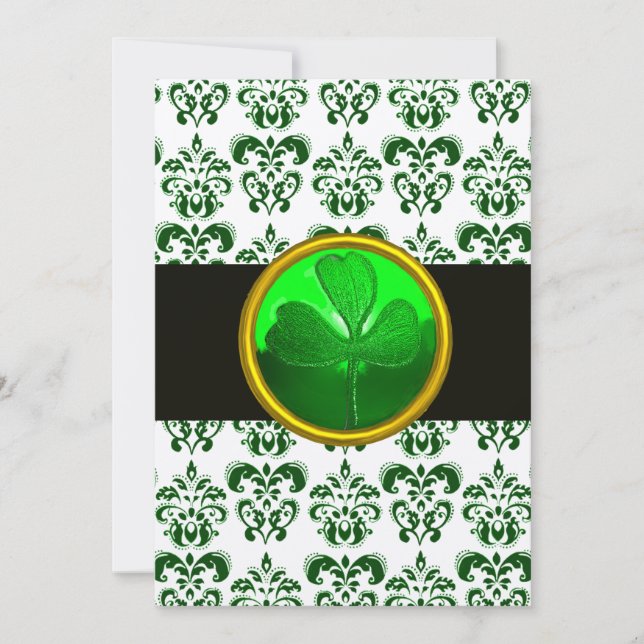 GREEN WHITE DAMASK WITH SHAMROCK Black Champagne Invitation (Front)