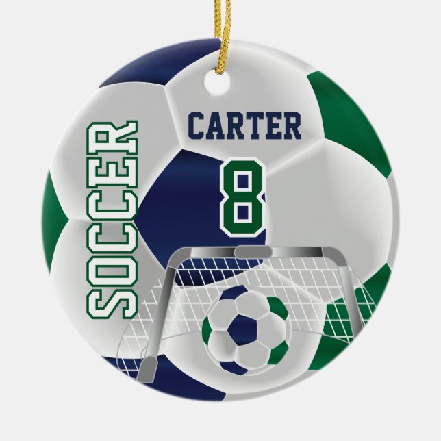 Green, White & Dark Blue Personalise Soccer  ⚽ Ceramic Ornament (Front)