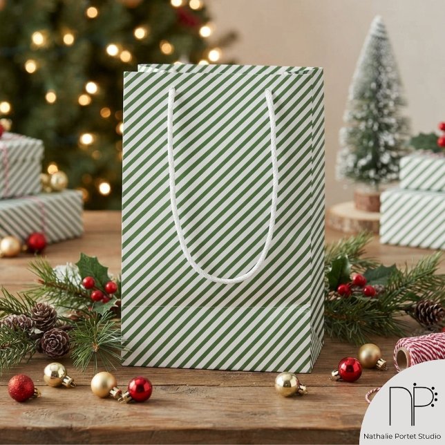 Green White Diagonal Pinstripe Gift Bag (This elegant green and white pinstripe gift bag features a chic diagonal design for any occasion.)