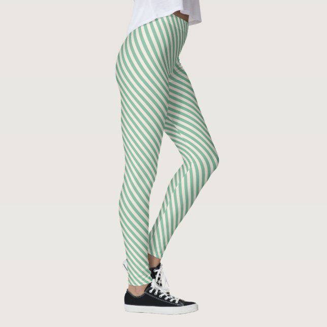Green White Diagonal Stripes Pattern Leggings (Right)
