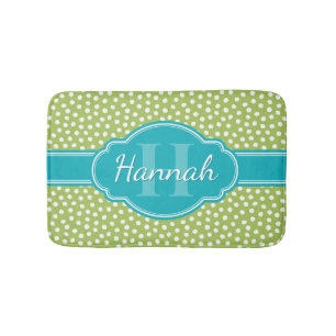 Green White Dotted Pattern Teal Monogram Bath Mat