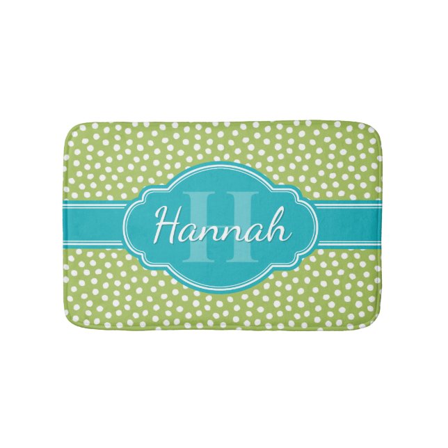Green White Dotted Pattern Teal Monogram Bath Mat (Front)