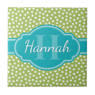 Green White Dotted Pattern Teal Monogram Ceramic Tile