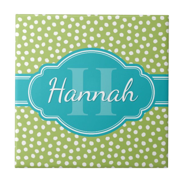 Green White Dotted Pattern Teal Monogram Ceramic Tile (Front)