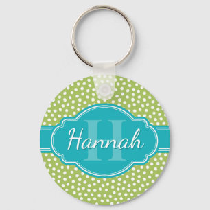 Green White Dotted Pattern Teal Monogram Key Ring
