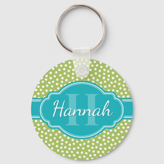 Green White Dotted Pattern Teal Monogram Key Ring (Front)