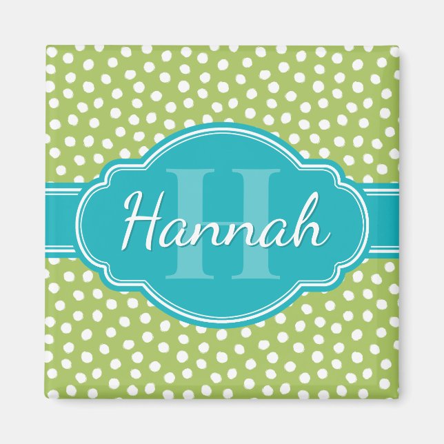 Green White Dotted Pattern Teal Monogram Magnet (Front)