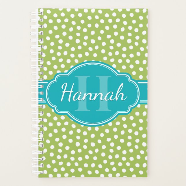 Green White Dotted Pattern Teal Monogram Planner (Front)