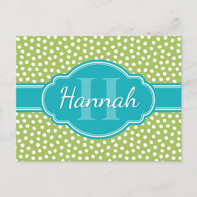Green White Dotted Pattern Teal Monogram Postcard (Front)