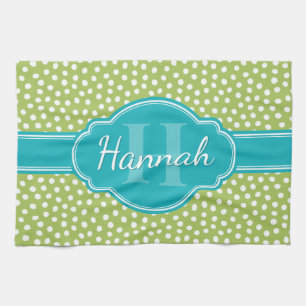 Green White Dotted Pattern Teal Monogram Tea Towel