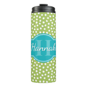 Green White Dotted Pattern Teal Monogram Thermal Tumbler
